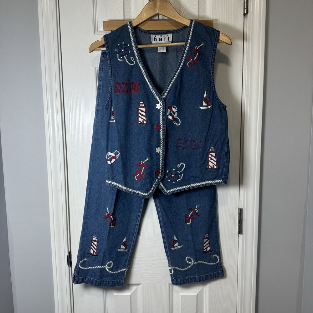 Vintage 2-Pc Keren Hart Embroidered Sailor Denim Vest Pants Nautical Sm‎ Anchor